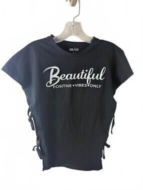 NWTS On Fire Black Cotton T-Shirt with Side Tie Details, Size Large